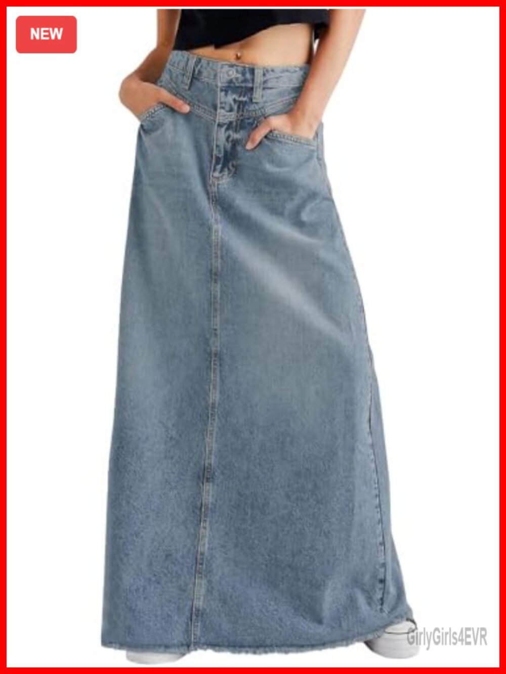 Retro Distressed High Waist Frayed Raw Hem A-Line Maxi Denim Skirt